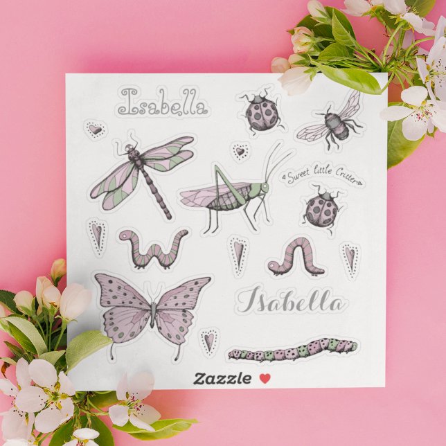 Pegatina Insectos rosados y escarabajos (Adorable, girly ink drawing stickers of the cutest insects with 2 name stickers in Gray.)