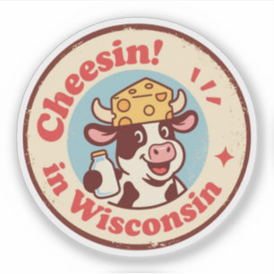 Pegatina Insígnia Retro Wisconsin_ Vaca de Dibujos Animados