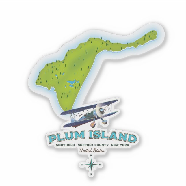 Pegatina Isla Plum, condado de Southold Suffolk, mapa de Nu (Anverso)