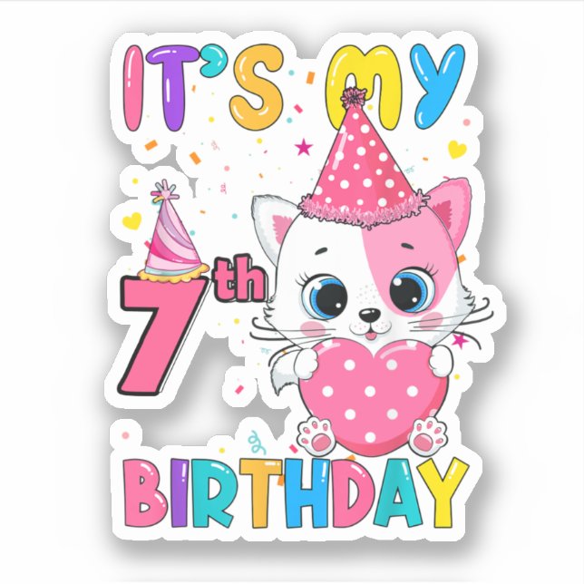 Pegatina It'S My 7Th Birthday Girl Funny Cat (Anverso)