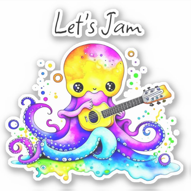 Pegatina Jam | Octopus Tocando Guitarra Acústica (Anverso)