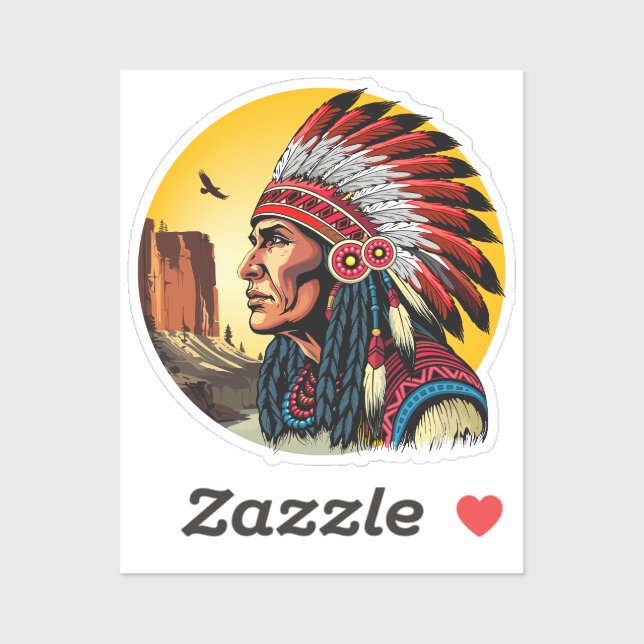 Pegatina Jefe nativo americano en el salvaje atardecer pais (Hoja)