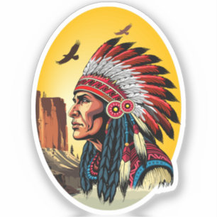 Pegatina Jefe nativo americano en el salvaje atardecer pais