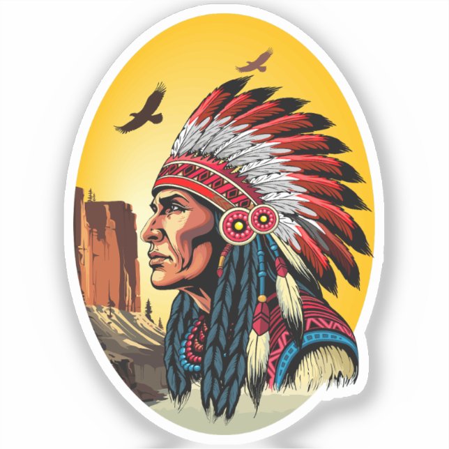 Pegatina Jefe nativo americano en el salvaje atardecer pais (Anverso)