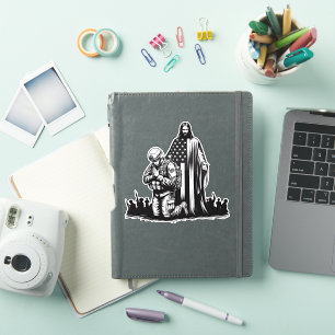 Pegatina Jesucristo con arte de oración de soldado militar