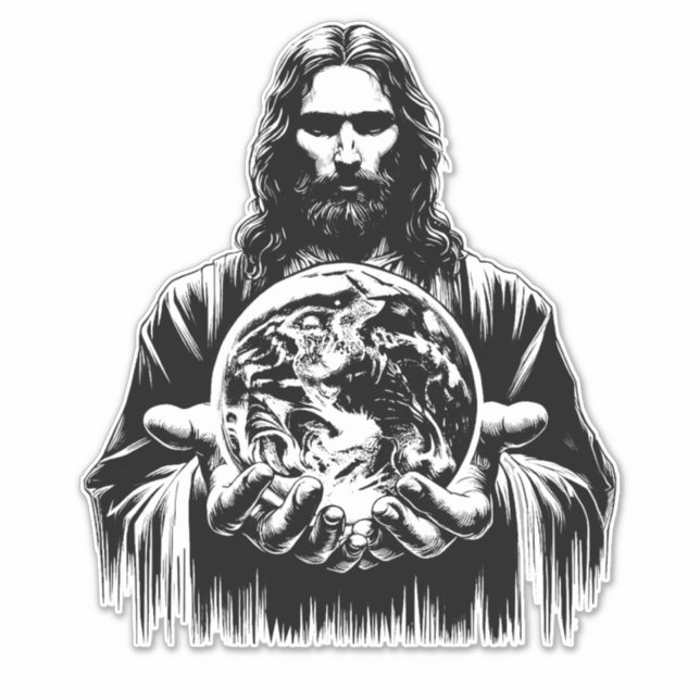 Pegatina Jesucristo sosteniendo el mundo del arte cristiano (Anverso)