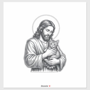 Pegatina Jesús Antiguo Sosteniendo Grabado de Gato Gráfico_