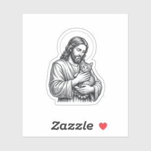 Pegatina Jesús Antiguo Sosteniendo Grabado de Gato Gráfico_