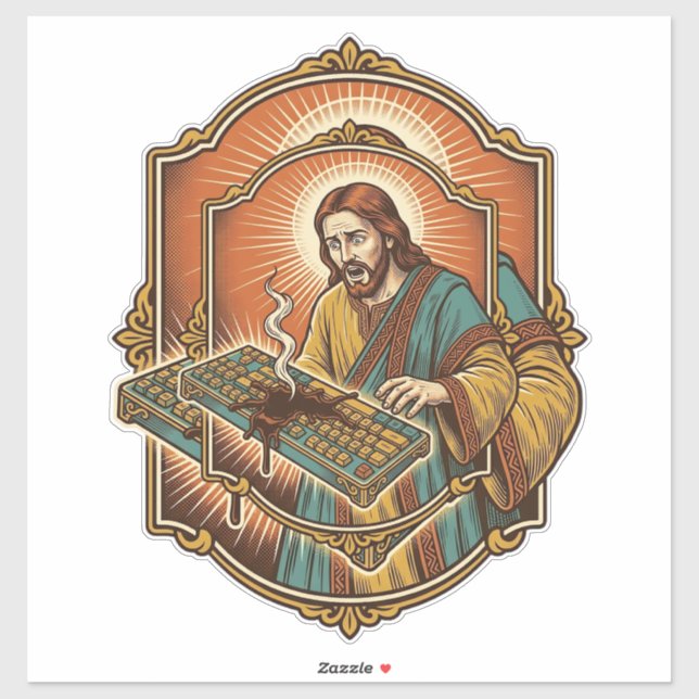 Pegatina Jesús derrame de café teclado mecánico roto tecnol (Hoja)