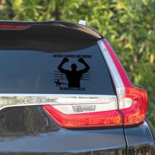 Pegatina JESÚS, EL CABALLERO DE BOXER, ME AMA MÁS - Círculo (Lado del coche)