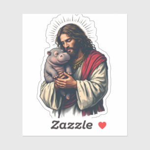 Pegatina Jesús sostiene a un bebé Moo Deng Hippo
