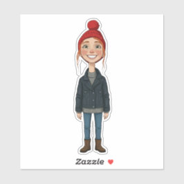 Pegatina Jeune Fille Rousse Souriante avec Bonnet Rouge et 
