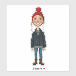 Pegatina Jeune Fille Rousse Souriante avec Bonnet Rouge et 