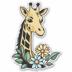 Pegatina Jirafa de dibujos animados linda y flores