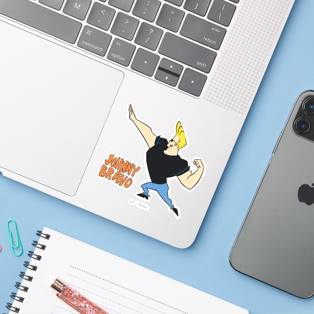 Pegatina Johnny Bravo Flexing (Ordenado portátil con iPhone)