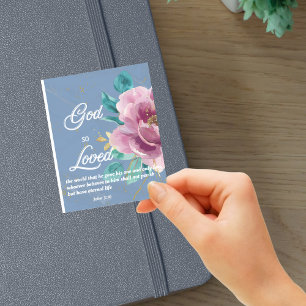 Pegatina Juan 3:16 Dios tan amado de la Biblia Floral Azul 