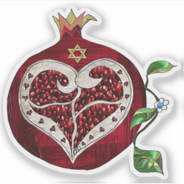 Pegatina Judaica Pomegranate Heart Hanukkah Rosh Hashanah (Anverso)