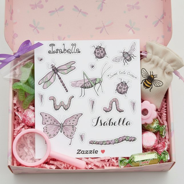 Pegatina Juego de 18 Bonitos Rubor dulce y pequeño Critter (Pink and Green Insect Stickers for Bugs Theme Birthday for Kids. Butterfly, Dragonfly, Ladybug, Bee)