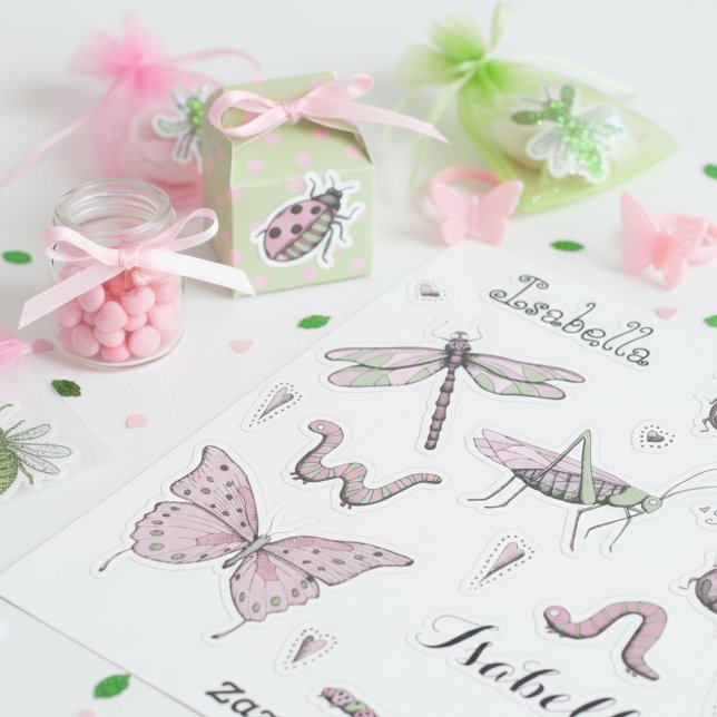 Pegatina Juego de 18 Bonitos Rubor dulce y pequeño Critter (Cute Girly Insect Stickers for Kids. Pretty Pastel Pink & Green Butterfly & Ladybug Illustration)