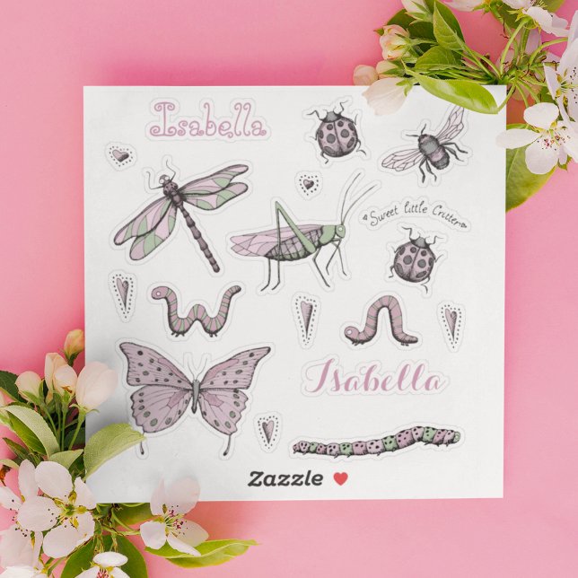 Pegatina Juego de 18 Bonitos Rubor dulce y pequeño Critter (Adorable, girly ink drawing stickers of the cutest insects with 2 name stickers in Blush Pink.)