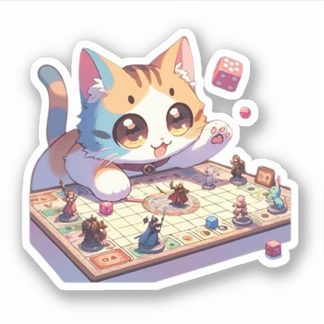 Pegatina Juego de Mesa Gato Lanzando Dados (Anverso)