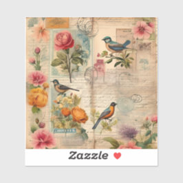 Pegatina Junk Journal Seite mit Blumen + Vögel - 