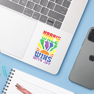 Pegatina Kamala gana con alegría retro Boho Harris Walz LGB