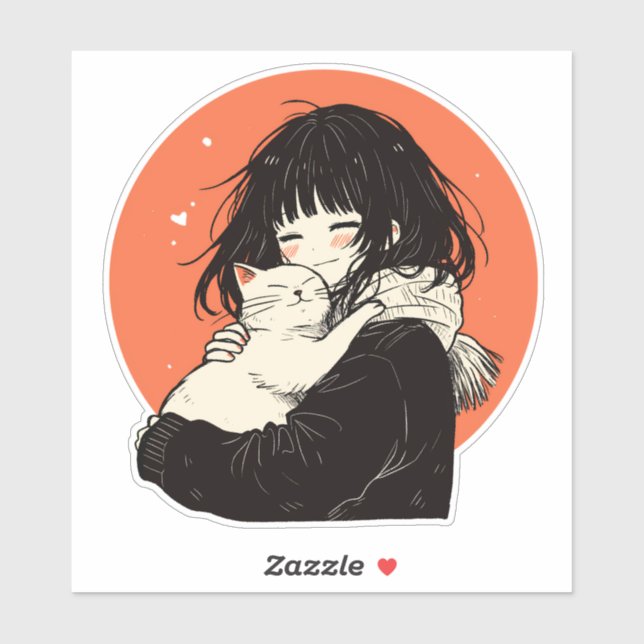 Pegatina Kawaii Anime Chica con gato blanco (Hoja)