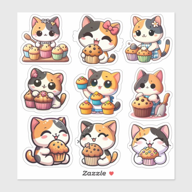 Pegatina kawaii calico cat muffin Personalizado-Pegatina de (Hoja)