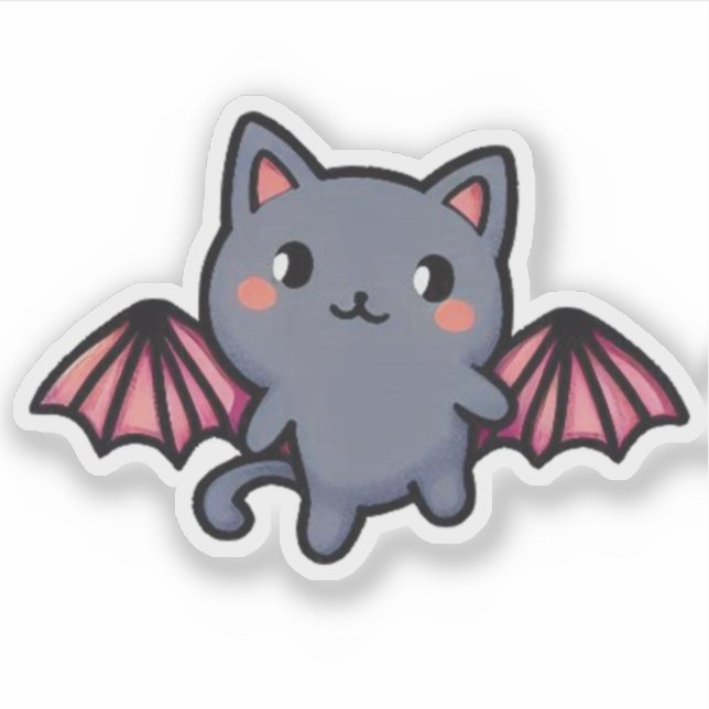 Pegatina Kawaii Gray Bat Cat - Adorable Flying Kitten (Anverso)