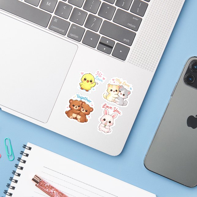 Pegatina Kawaii Love Animals Sticker Set – Sweet Valentine  (Ordenado portátil con iPhone)