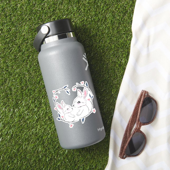 Pegatina kawaii mamá conejo y su bebé con flores (HydroFlask Insitu)