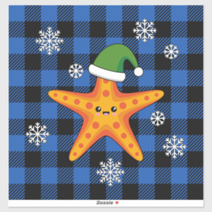 Pegatina Kawaii Navidad Starfish en patrón de búfalo azul