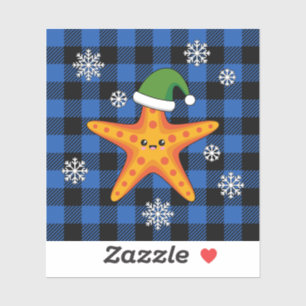 Pegatina Kawaii Navidad Starfish en patrón de búfalo azul