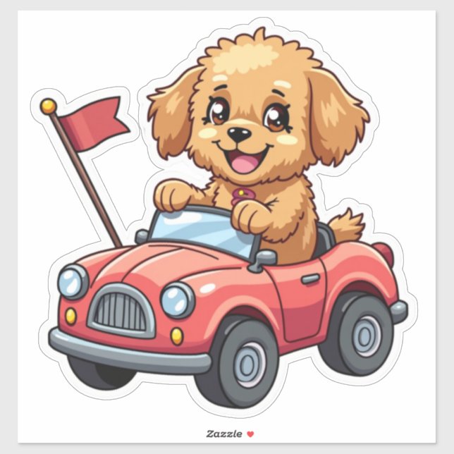 Pegatina Kawaii poodle en un coche de juguete (Hoja)