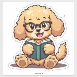 Pegatina Kawaii Poodle leyendo un libro