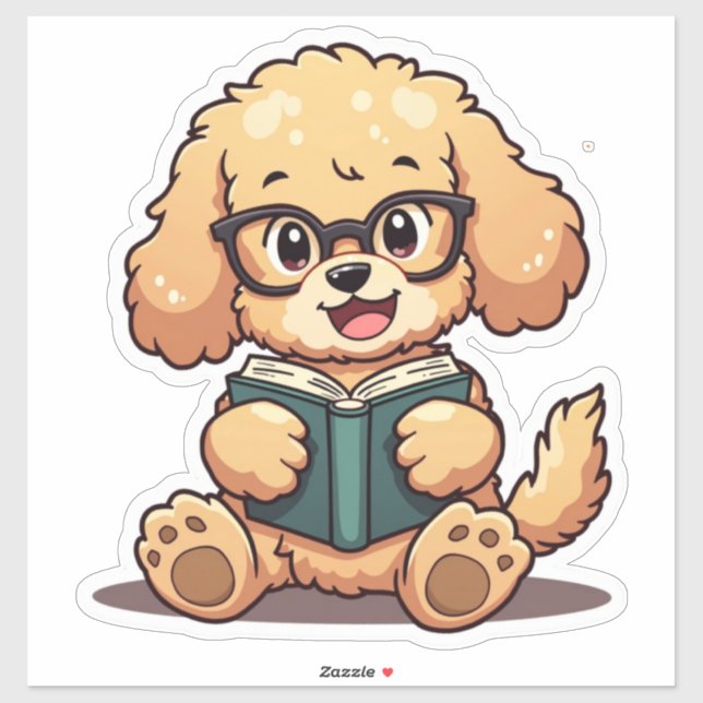 Pegatina Kawaii Poodle leyendo un libro (Hoja)