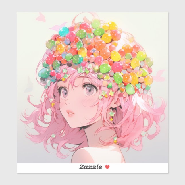 Pegatina Kawaii Rainbow Pastel Candy Mushroom Anime Chica (Hoja)