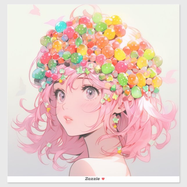 Pegatina Kawaii Rainbow Pastel Candy Mushroom Anime Chica (Hoja)