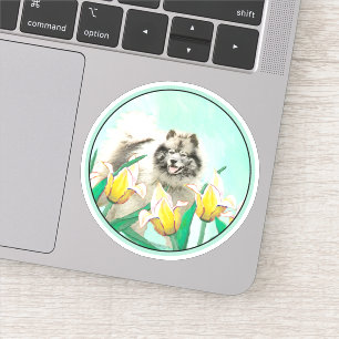 Pegatina Keeshond en tulipanes pintando arte original del p