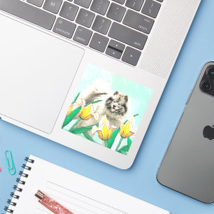 Pegatina Keeshond en tulipanes pintando arte original del p