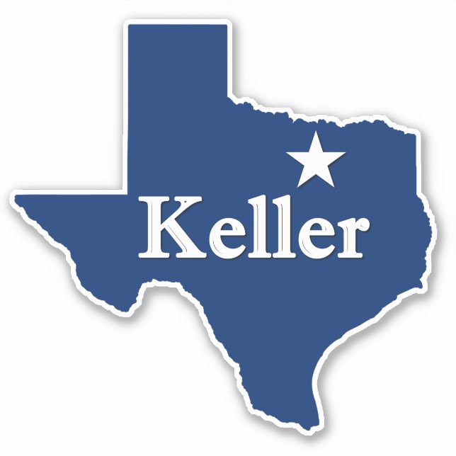 Pegatina Keller, TX Mapa de Texas con Outline y Lone Star D (Anverso)