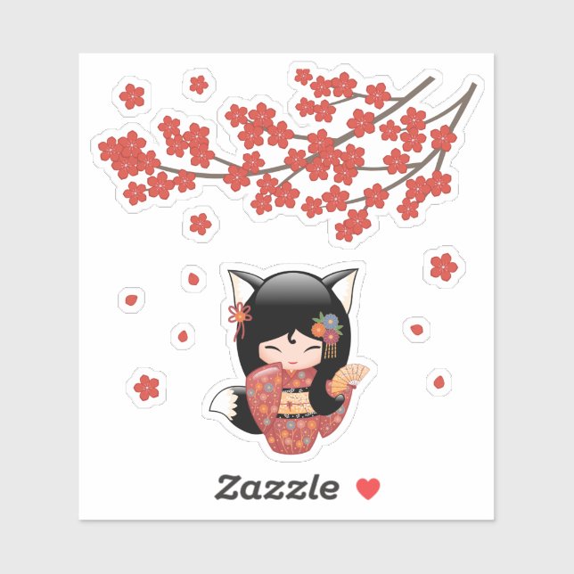 Pegatina Kitsune Kokeshi Doll - Chica negro Fox Geisha (Hoja)