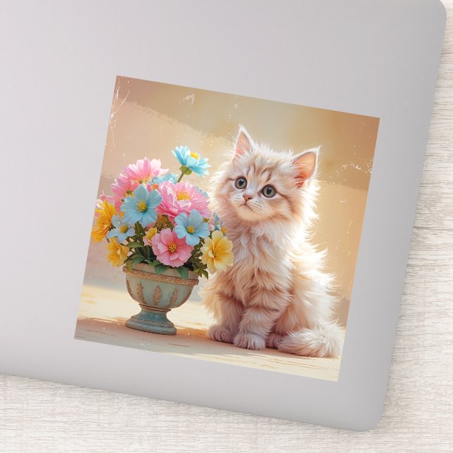 Pegatina Kitty Adorable con Bouquet de flores (Detalle)