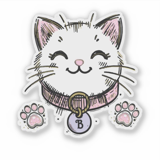 Pegatina Kitty Cat Kitten Pink Purple Gold Fiesta de cumple (Anverso)