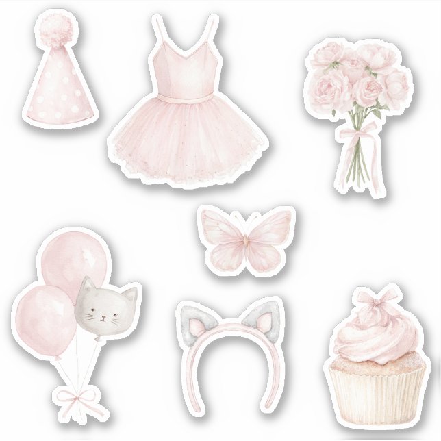Pegatina Kitty Tutu Rosas Rosadas Globos Cupcake (Anverso)