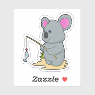 Pegatina Koala como pescador con caña y pescado
