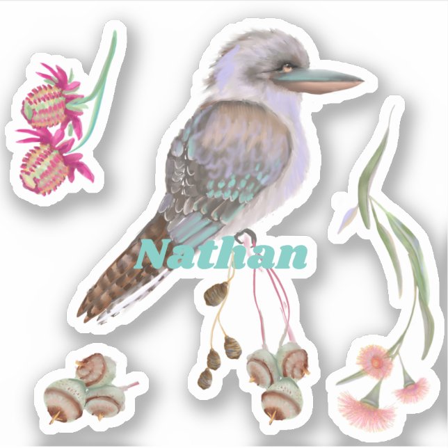 Pegatina Kookaburra y Eucalyptus personalizados (Anverso)