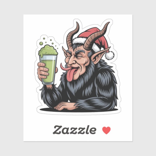 Pegatina Krampus Malvado Bebiendo Bebida Verde Matcha Navid (Hoja)