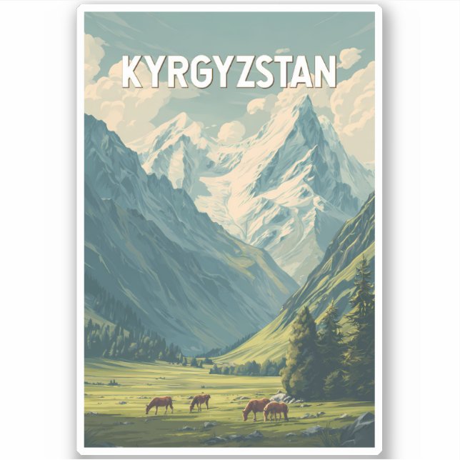 Pegatina Kyrgyzstan Illustration Travel Art Vintage (Anverso)